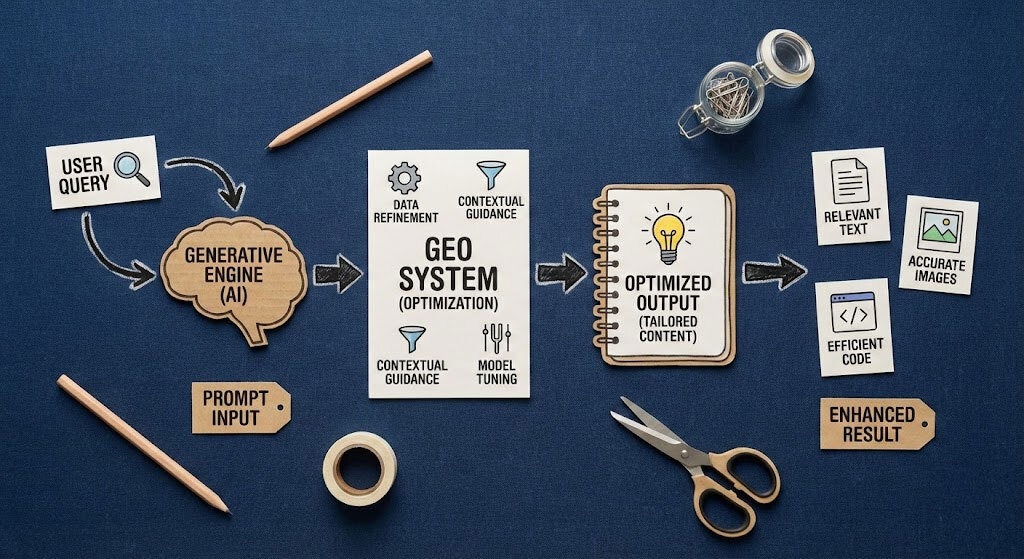 Fade Digital GEO Infographic — The six core AI SEO signals: Schema Graph, AI Answer Share, Domain Authority, Data Freshness, Multimodal Assets, and Verification Signals